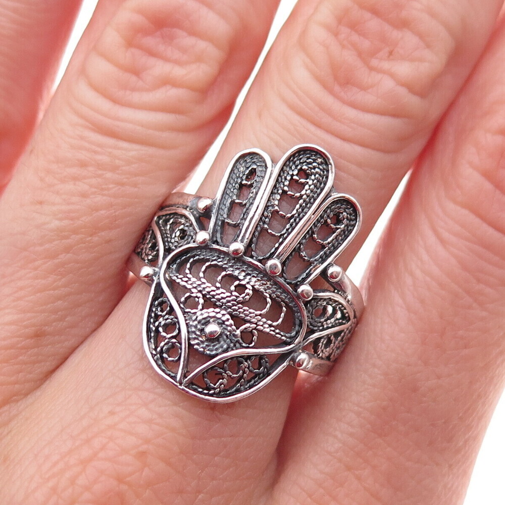 925 Sterling Silver Vintage Hamsa Amulet Filigree Oxidized Ring Size 10.25